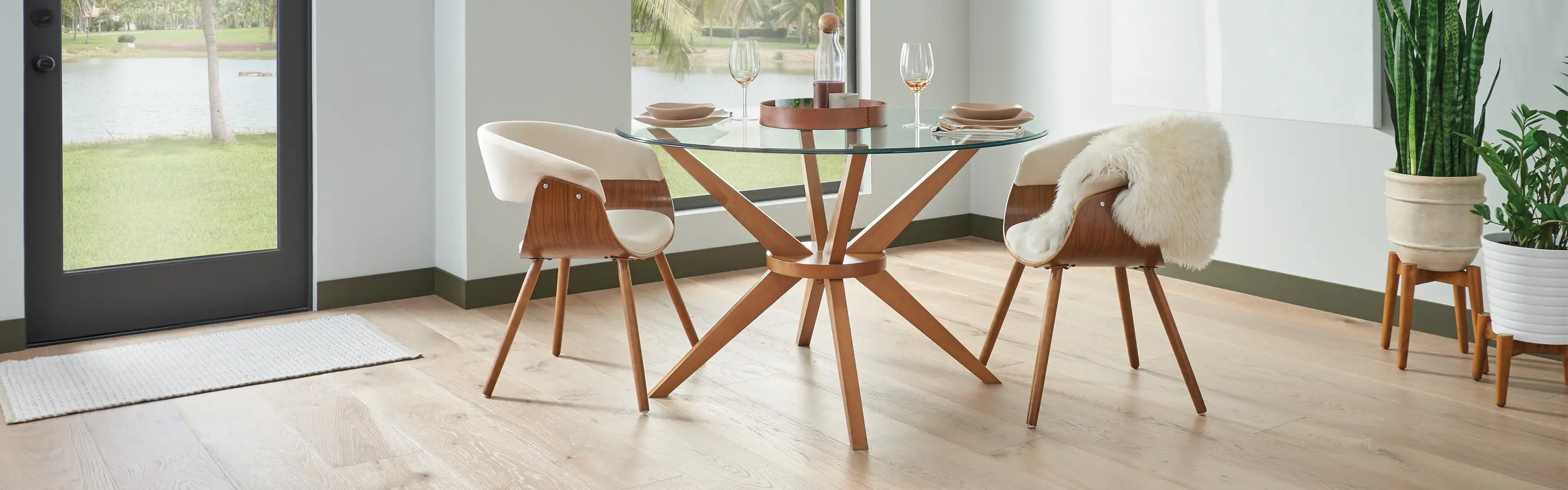 Light brown hardwood flooring in a dining room